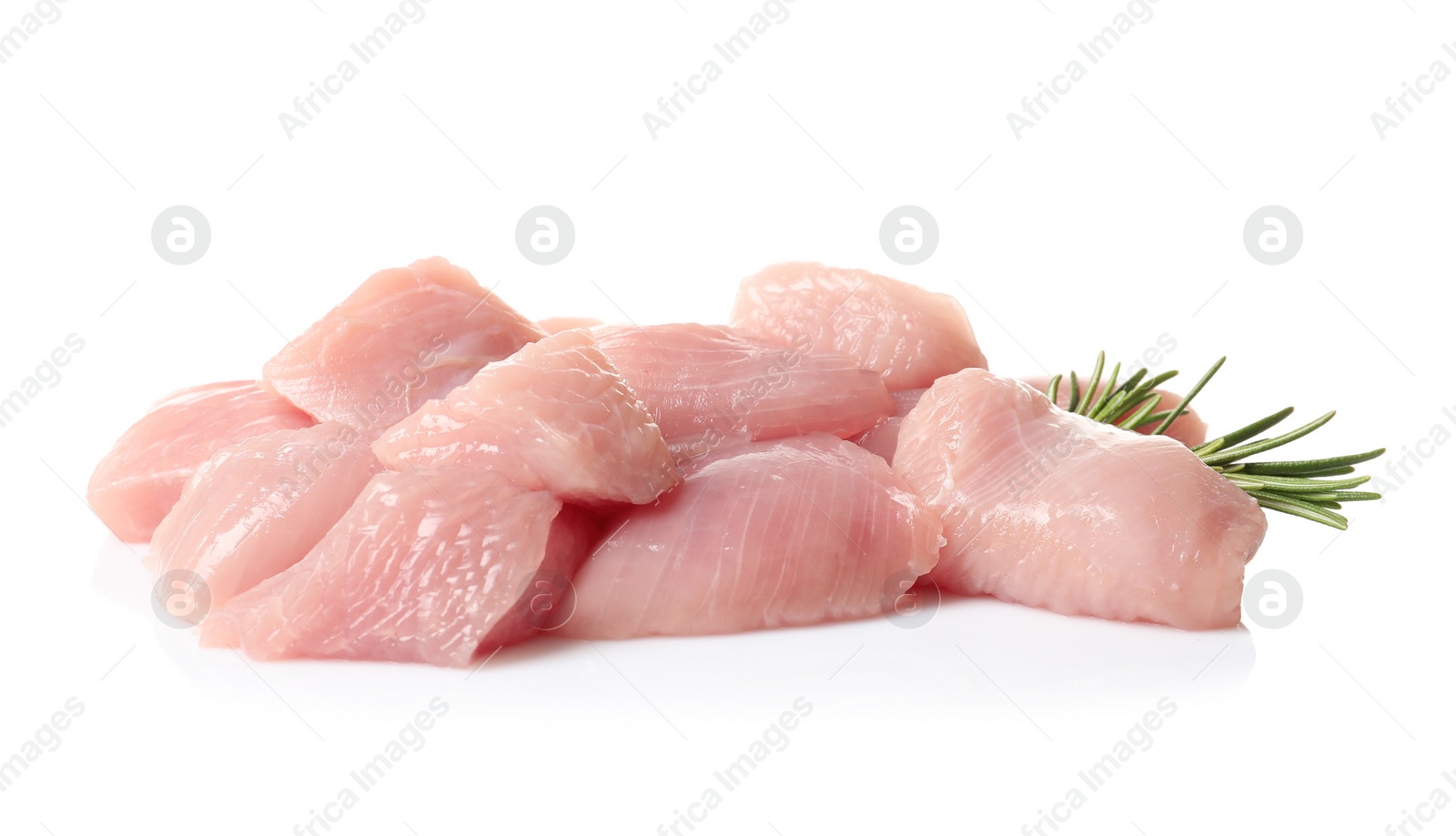 Photo of Cut raw turkey fillet with rosemary on white background
