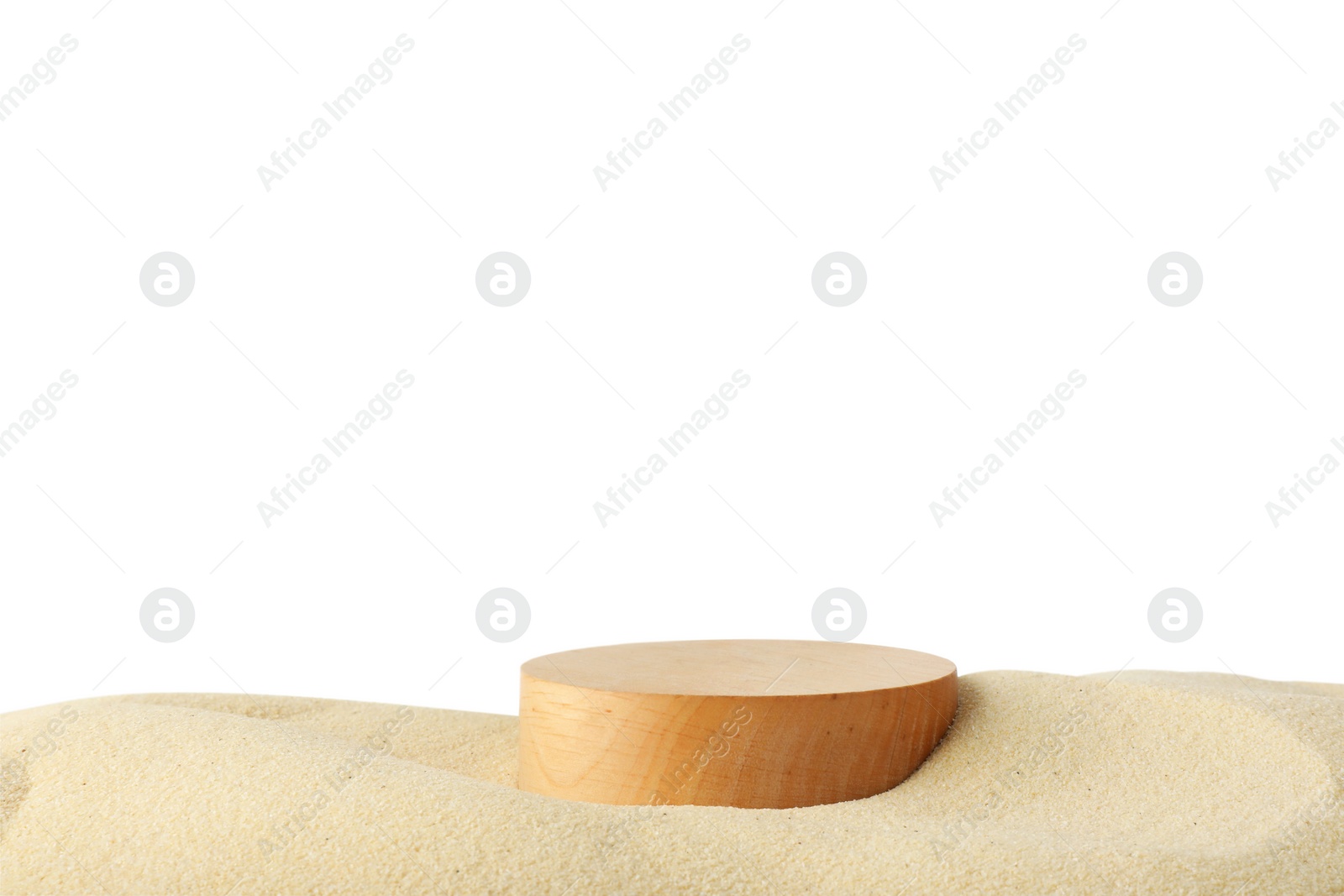 Photo of Presentation of product. Wooden podium on sand against white background. Space for text