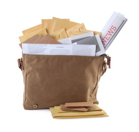 Photo of Brown postman's bag with envelopes and newspapers on white background