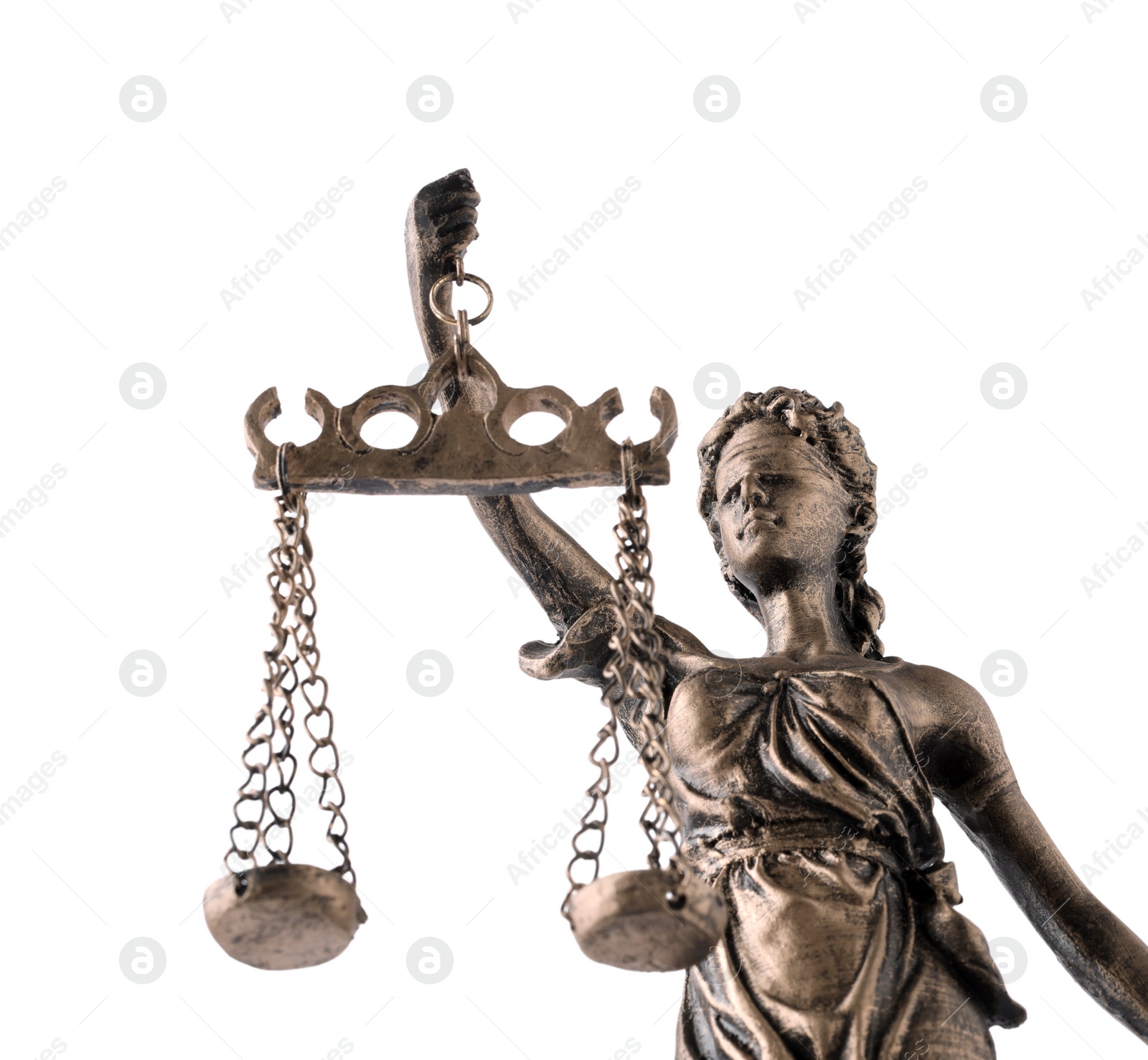 Photo of Statue of Lady Justice isolated on white, low angle view. Symbol of fair treatment under law