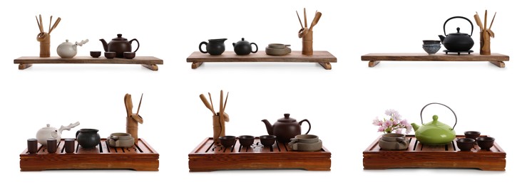 Beautiful sets for traditional tea ceremony on white background, collage. Banner design