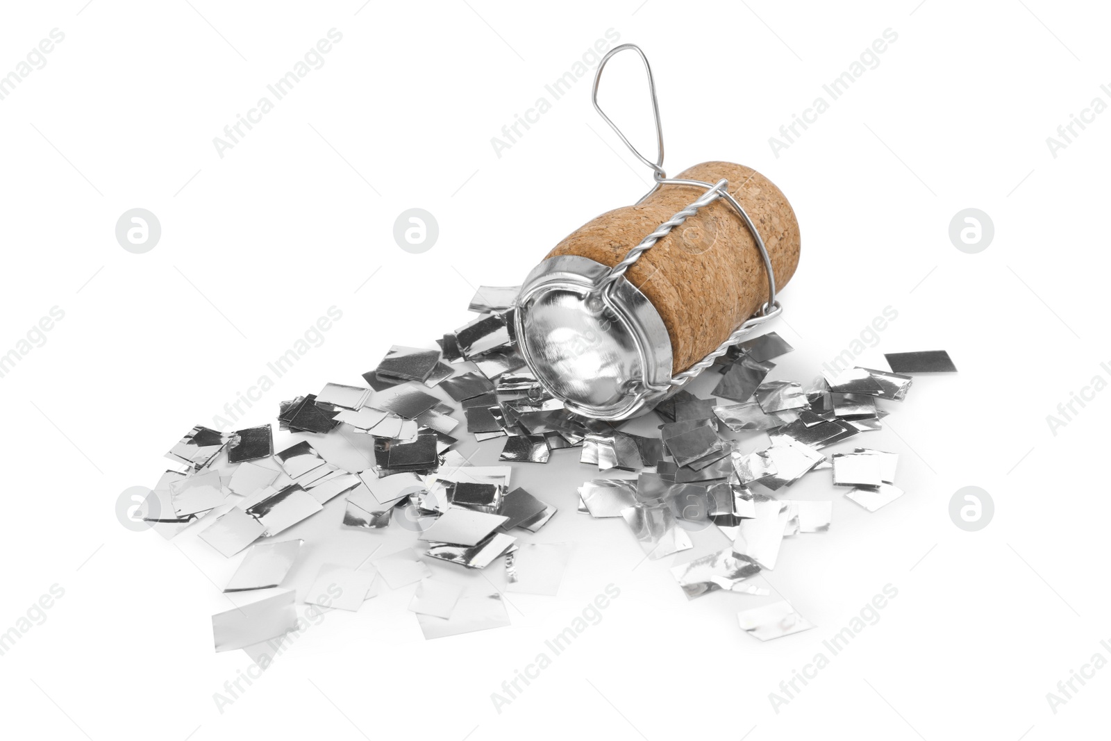 Photo of Cork of sparkling wine with muselet cap and shiny silver confetti on white background