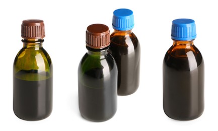 Image of Bottles of brilliant green on white background, collage 