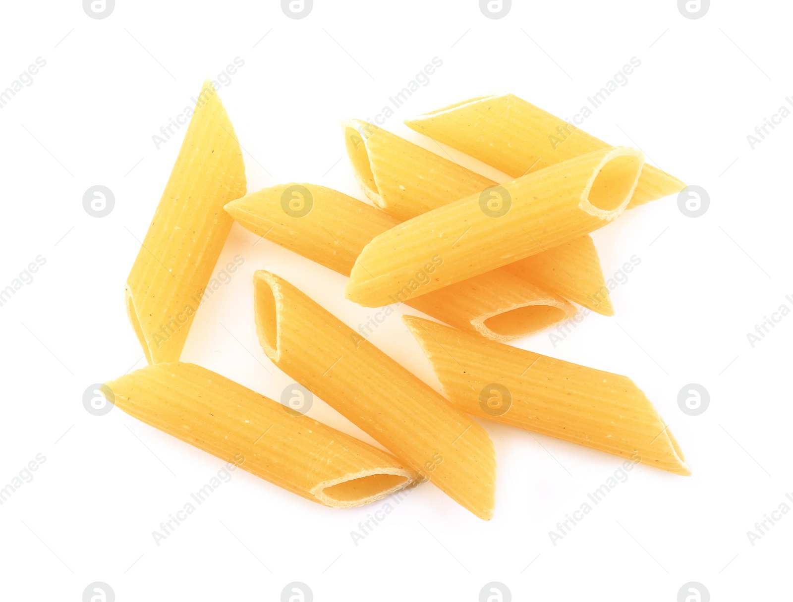 Photo of Raw penne pasta isolated on white, top view