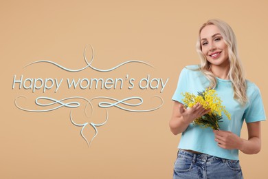 Happy Women's Day - March 8. Attractive lady with mimosa flowers on dark beige background