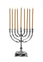 Photo of Hanukkah menorah with candles on white background