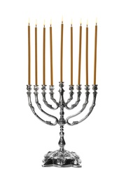 Hanukkah menorah with candles on white background