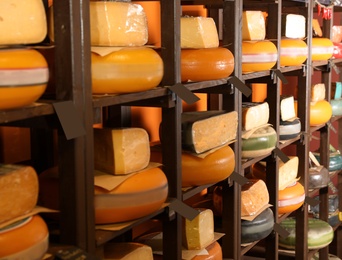 Different types of delicious cheeses on rack in store