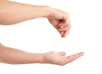 Man showing something on white background, closeup of hands