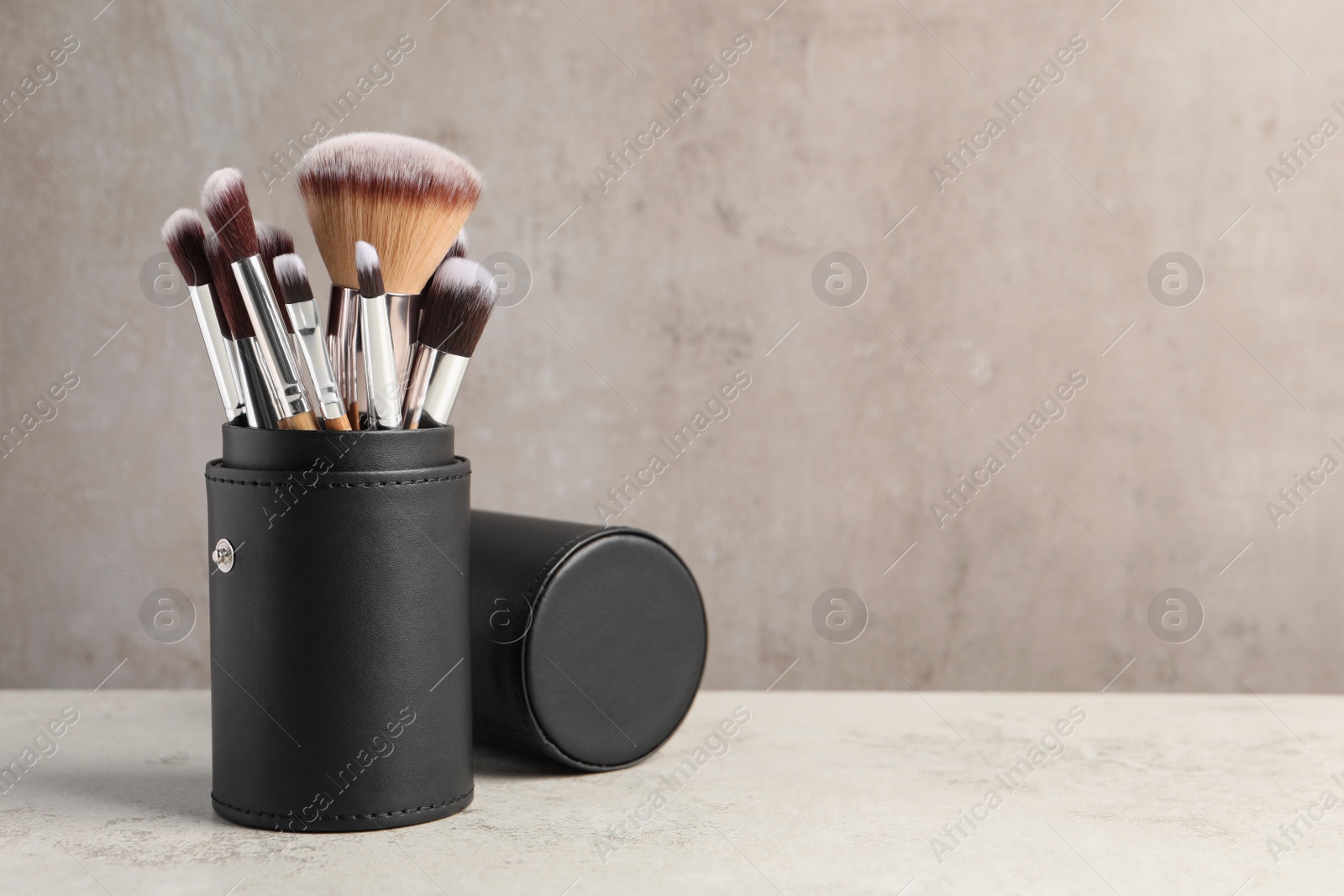 Photo of Set of professional makeup brushes on wooden table against light grey background, space for text