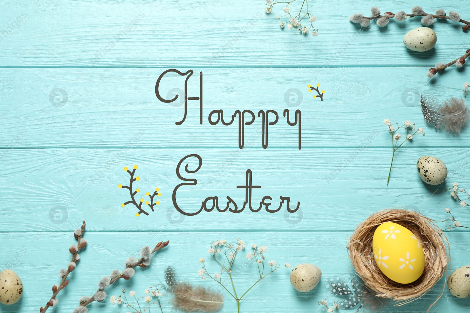 Image of Flat lay composition with text Happy Easter and eggs on light blue wooden background