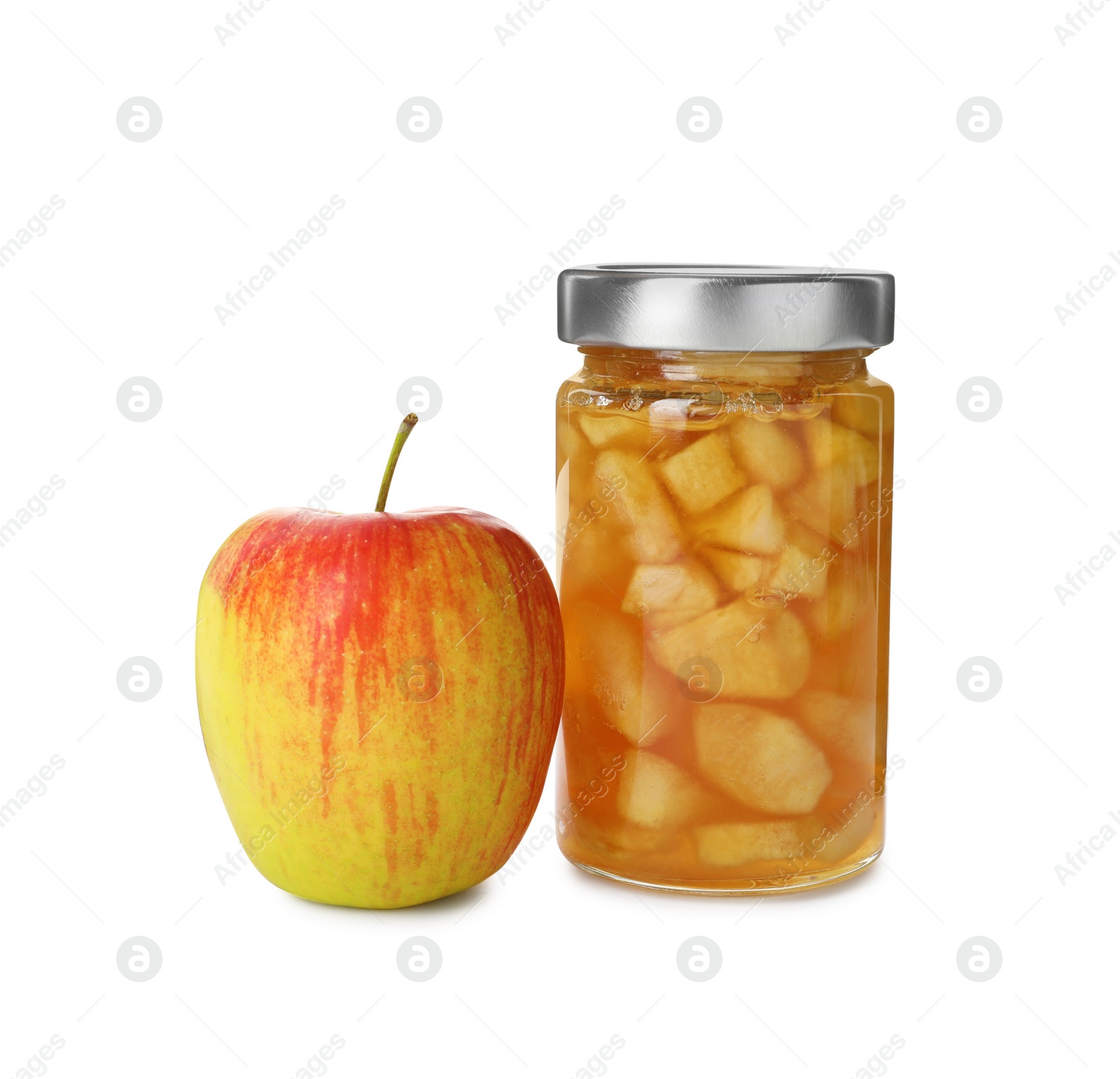 Photo of Tasty apple jam in glass jar and fresh fruit on white background