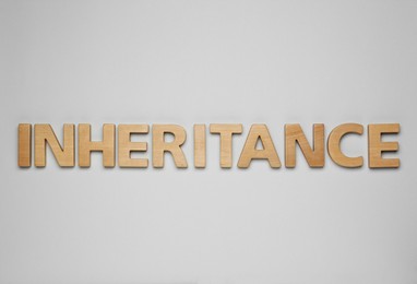Word Inheritance made with wooden letters on light background, flat lay