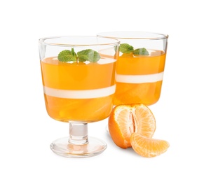 Photo of Delicious tangerine jelly with mint on white background