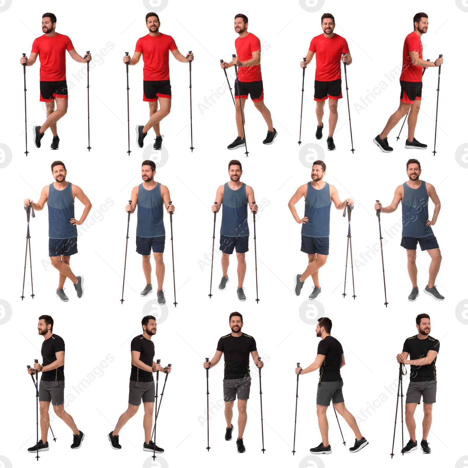 Image of Sporty man with Nordic walking poles on white background, collage with photos