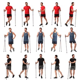 Image of Sporty man with Nordic walking poles on white background, collage with photos