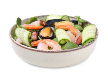 Photo of Bowl of delicious salad with seafood isolated on white
