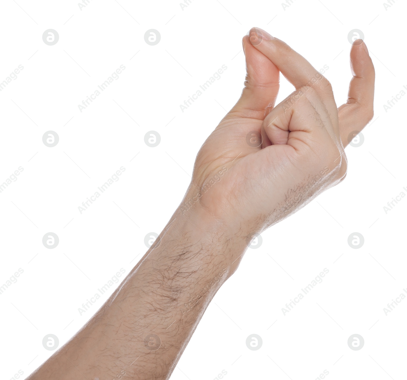 Photo of Man snapping fingers on white background, closeup of hand