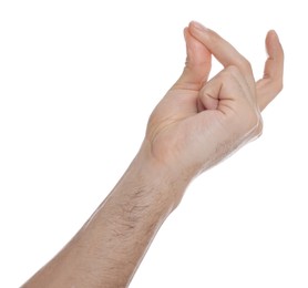 Man snapping fingers on white background, closeup of hand