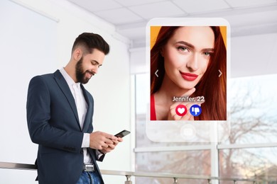 Smiling man looking for partner via dating site indoors. Profile photo of woman, information and icons