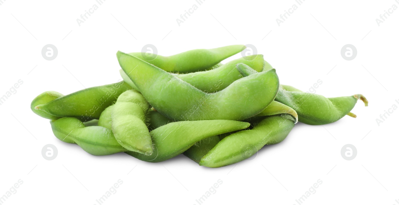 Photo of Fresh green edamame pods on white background