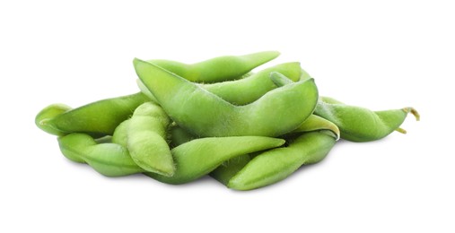 Photo of Fresh green edamame pods on white background