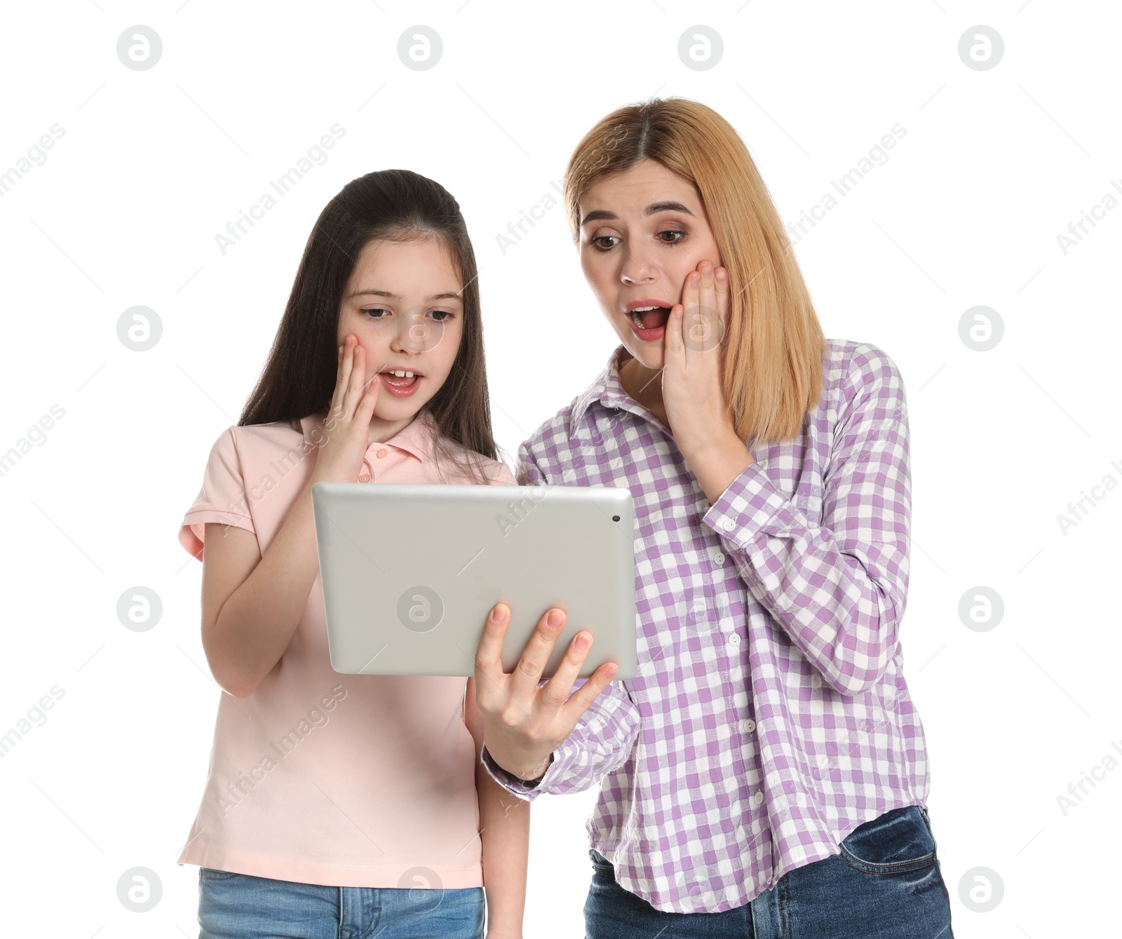 Photo of Mother and her daughter using video chat on tablet against white background