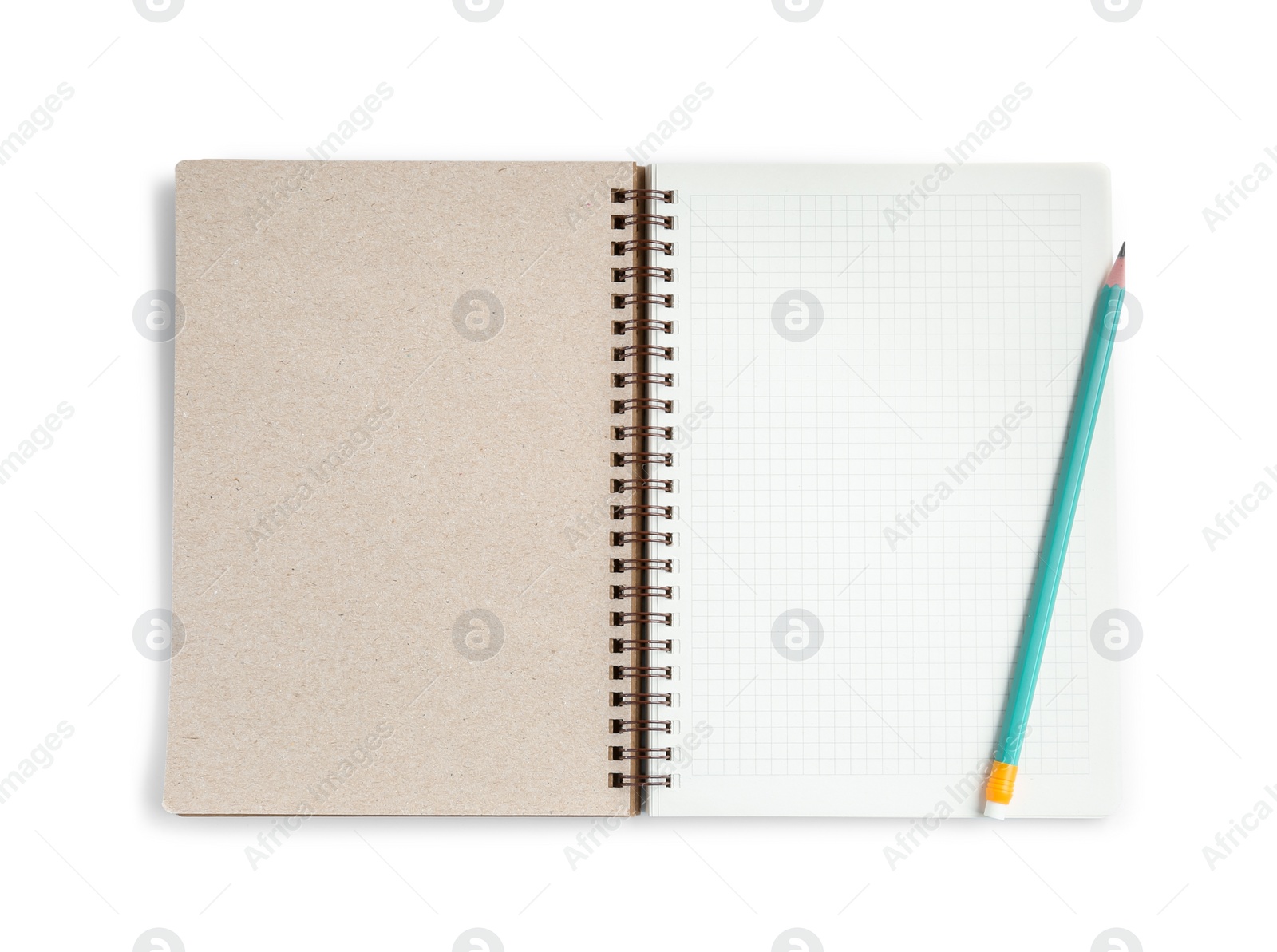 Photo of Notebook and pencil isolated on white, top view