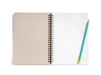 Photo of Notebook and pencil isolated on white, top view