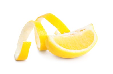 Photo of Peel of lemon and fresh fruit on white background