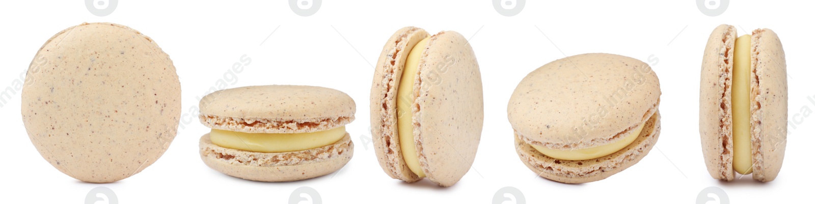 Image of Set with delicious macarons on white background. Banner design