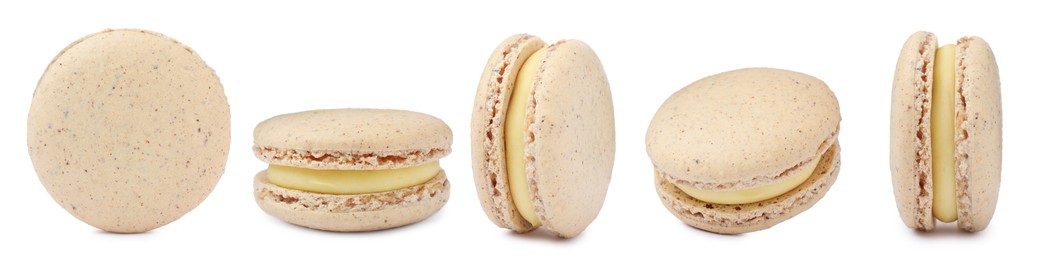 Image of Set with delicious macarons on white background. Banner design