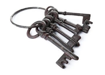 Photo of Bunch of vintage keys on white background