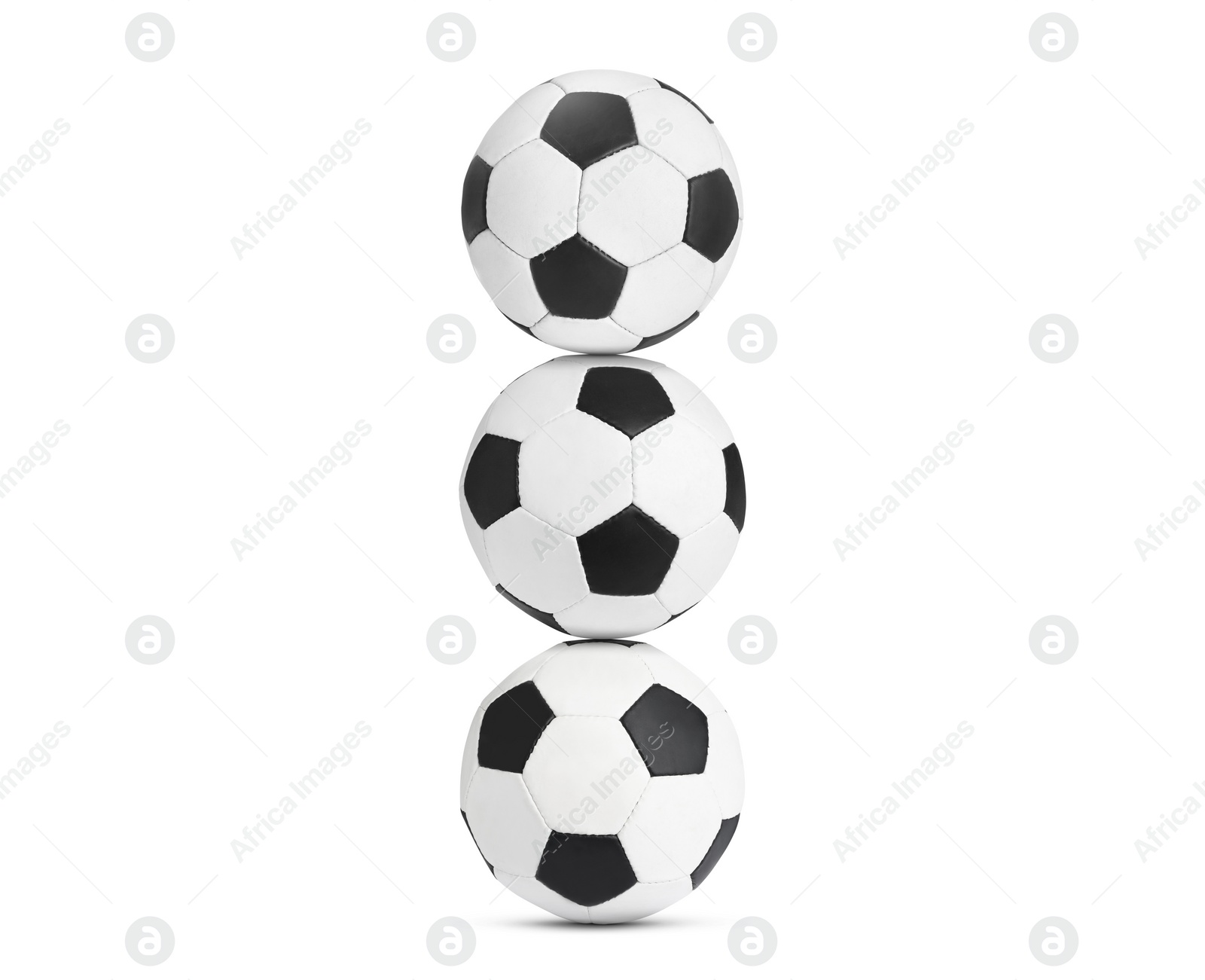 Image of Stack of soccer balls on white background