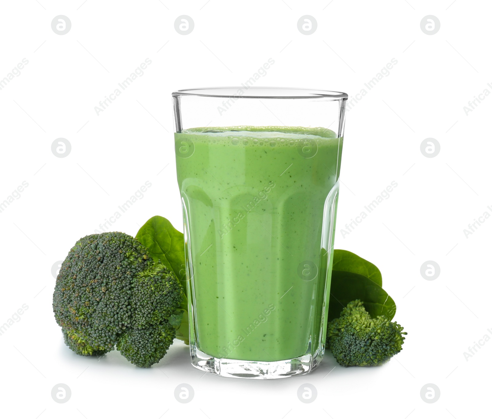 Photo of Glass with healthy detox smoothie and broccoli on white background