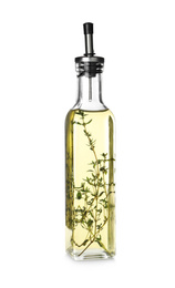 Cooking oil with thyme in glass bottle isolated on white