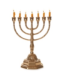 Golden menorah with candles on white background