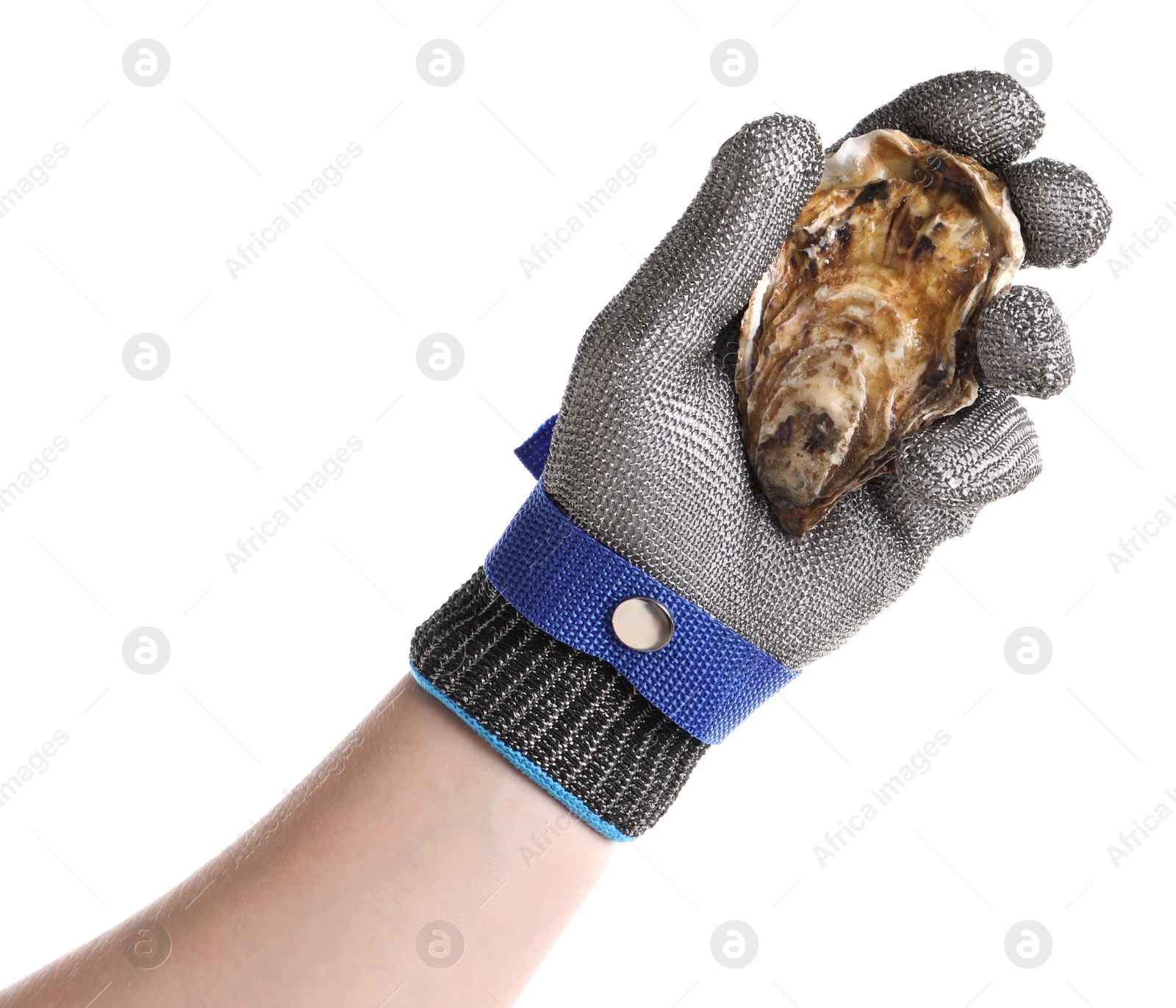 Photo of Man holding oyster on white background, closeup