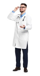 Doctor with glasses and stethoscope on white background