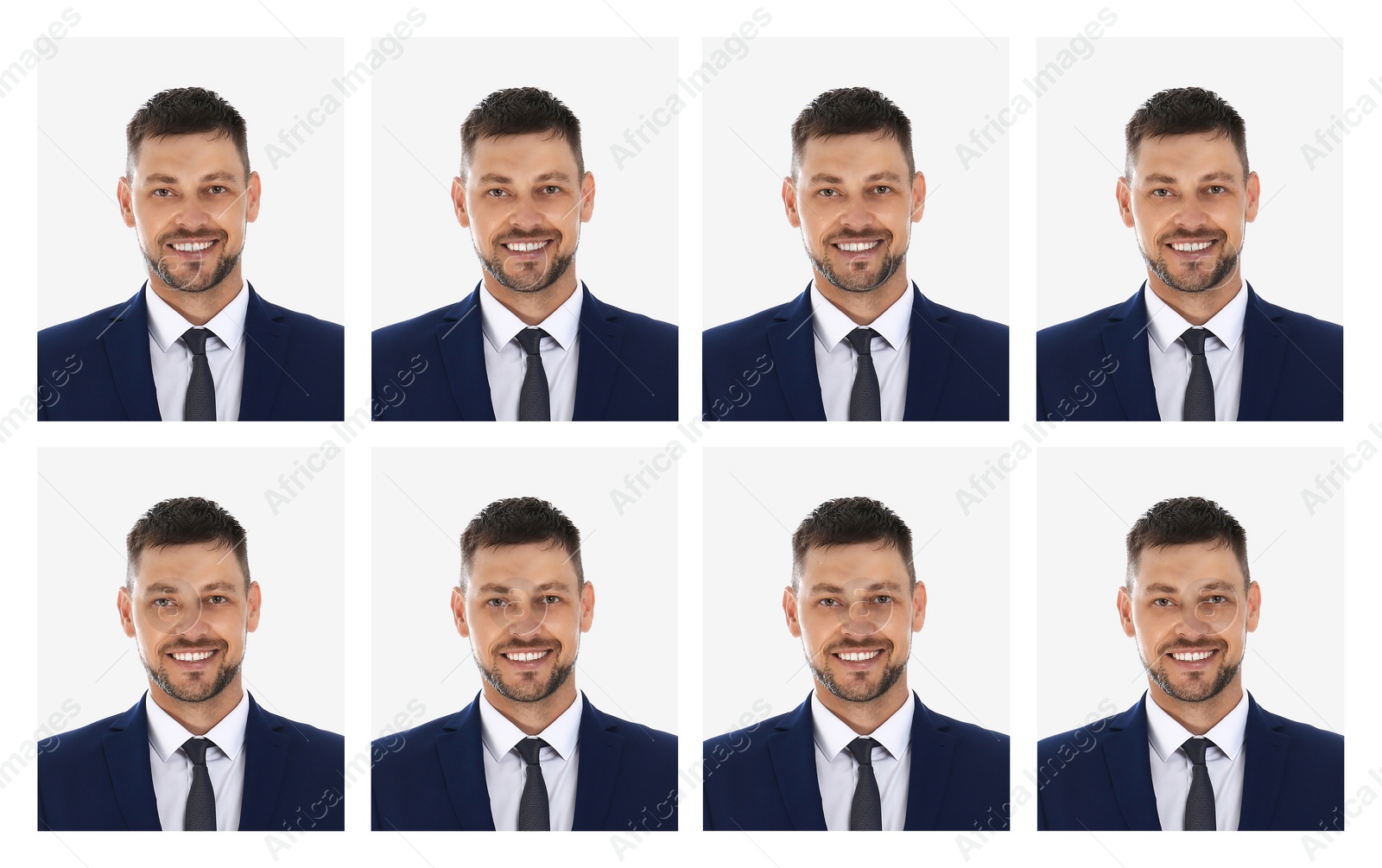 Image of Passport photo, collage. Man on white background, set of photos