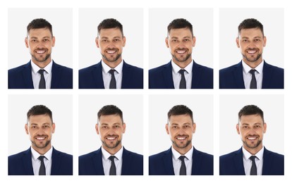 Image of Passport photo, collage. Man on white background, set of photos