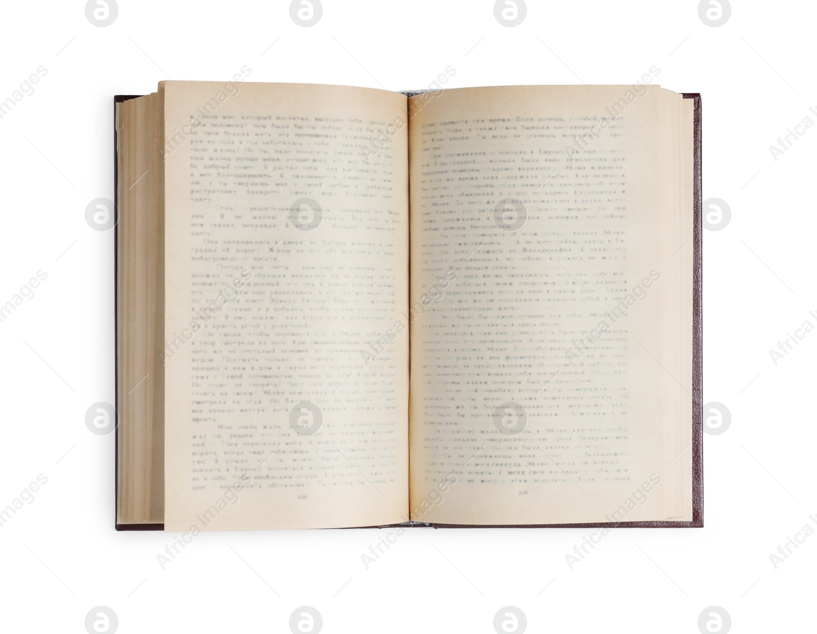 Photo of Old open hardcover book isolated on white, top view