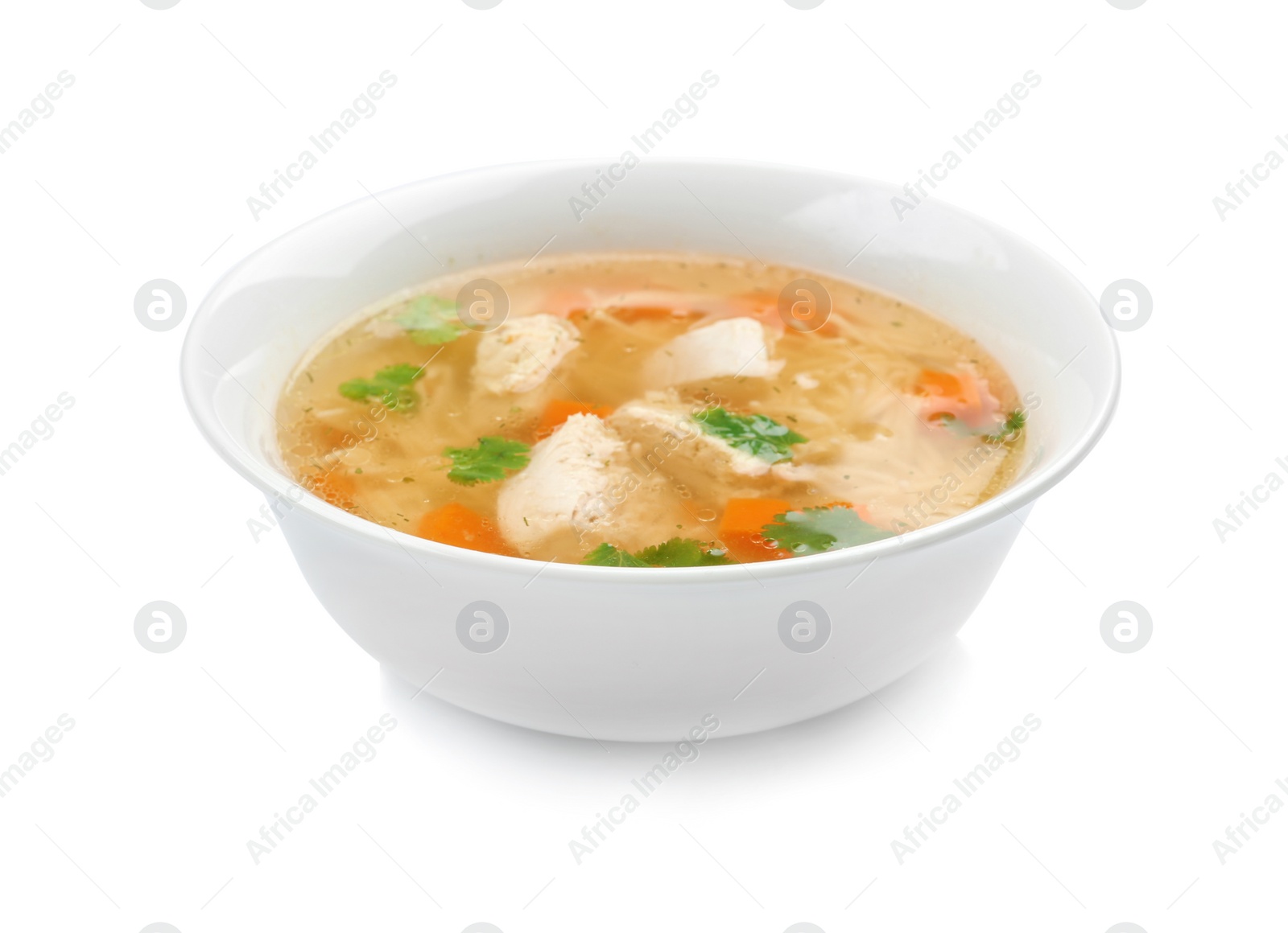 Photo of Dish with fresh homemade chicken soup on white background