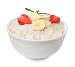 Photo of Tasty boiled oatmeal with banana and strawberry in bowl isolated on white