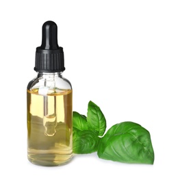 Photo of Little bottle of essential oil and basil on white background