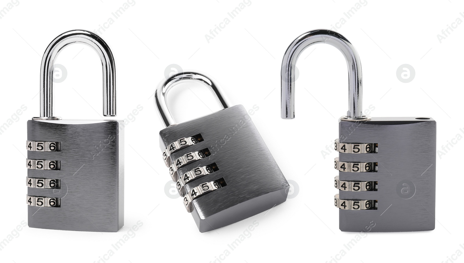 Image of Steel combination padlock isolated on white, different sides. Set