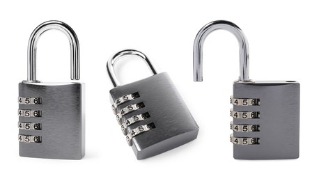 Steel combination padlock isolated on white, different sides. Set