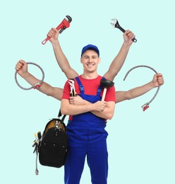 Plumber with different tools on light blue background. Multitasking handyman