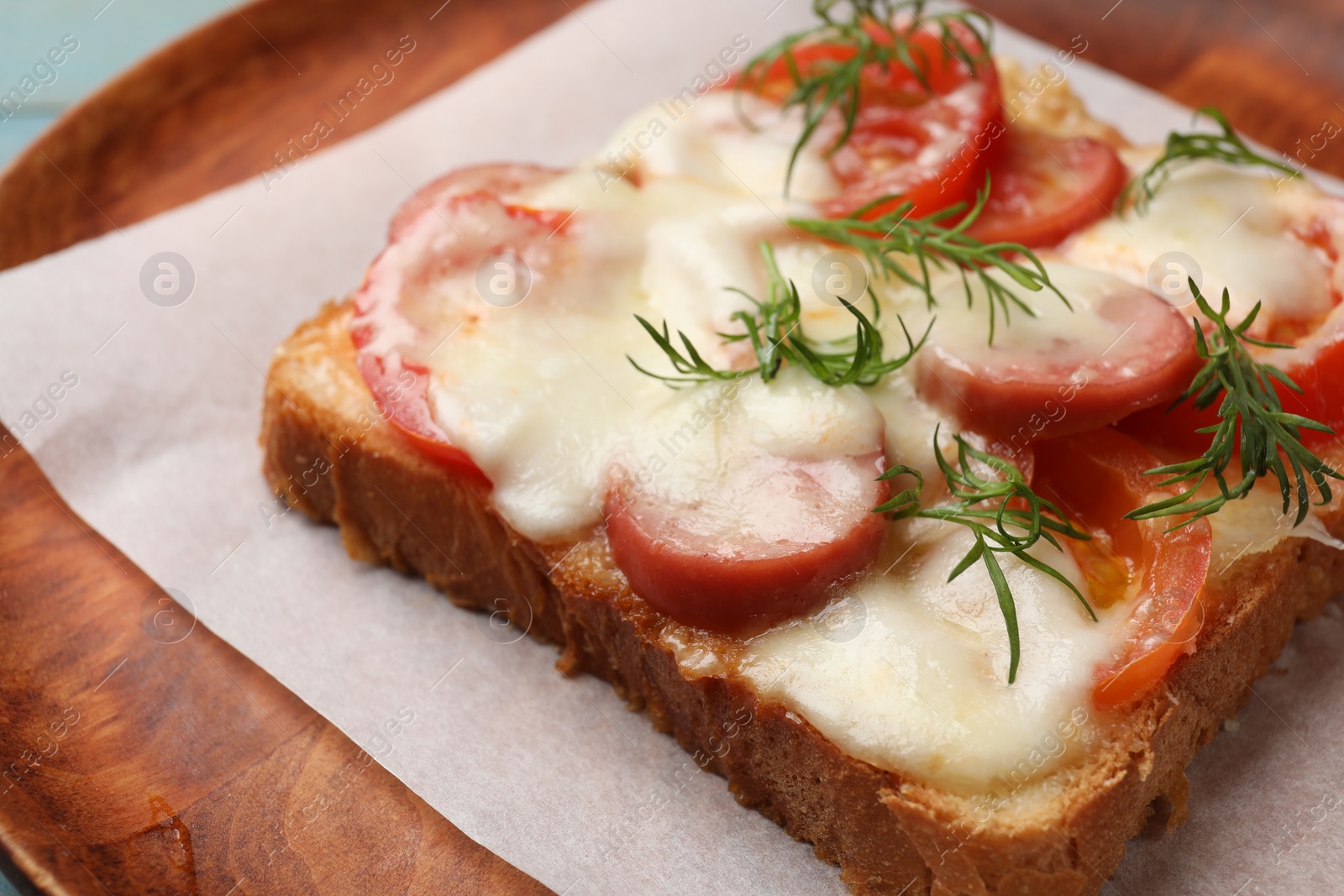 Photo of Tasty pizza toast with cheese, tomato and dill on plate, closeup