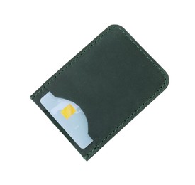 Photo of Leather card holder with plastic credit card isolated on white, top view